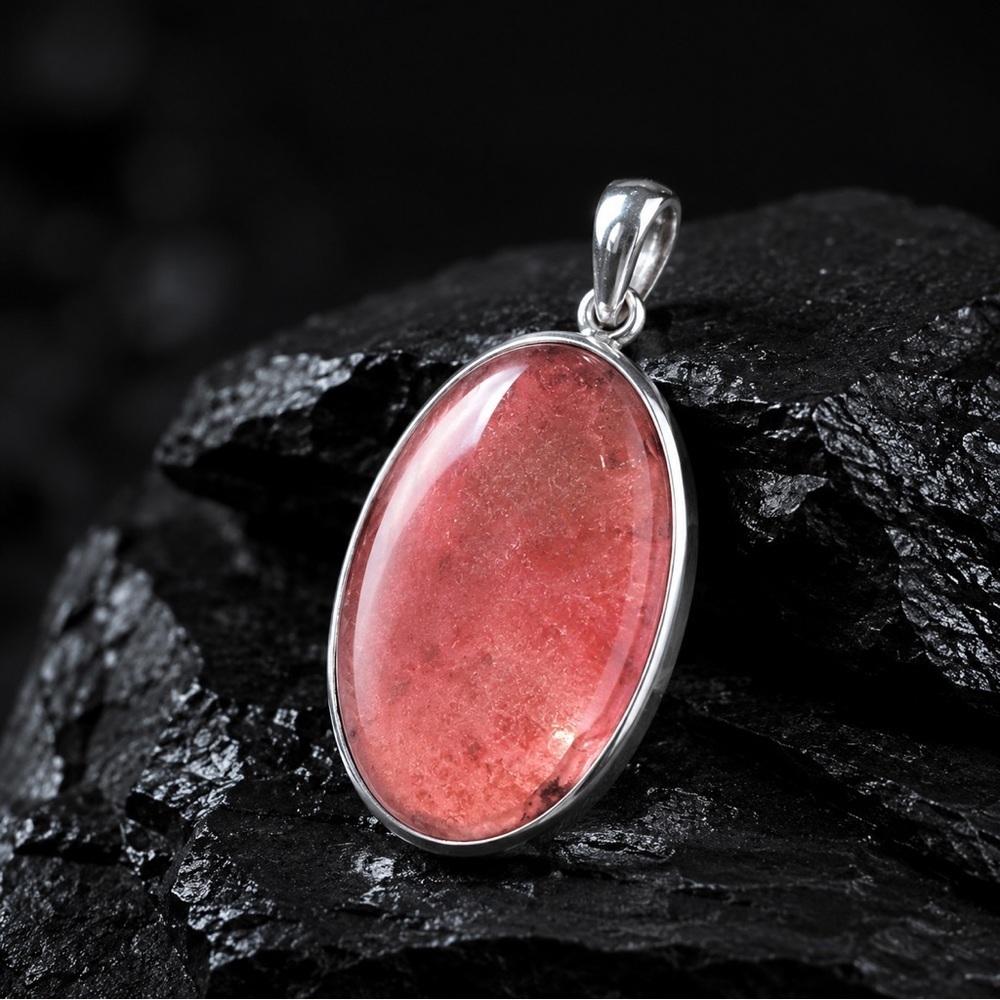 Handcrafted Artisan Silver Oval Translucent Pink CHERRY QUARTZ Gemstone Pendant